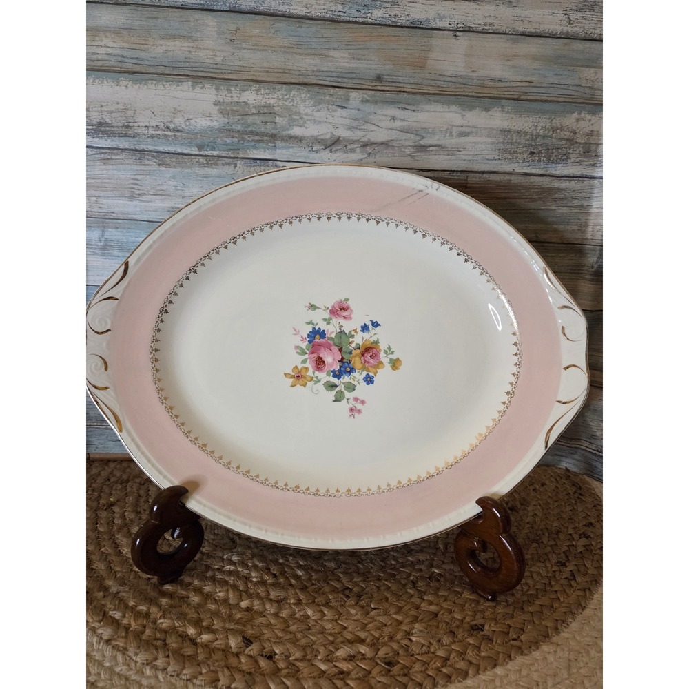Vtg Homer Laughlin Marilyn Pink Oval Platter Pink Gold Floral Georgian Egg Shell